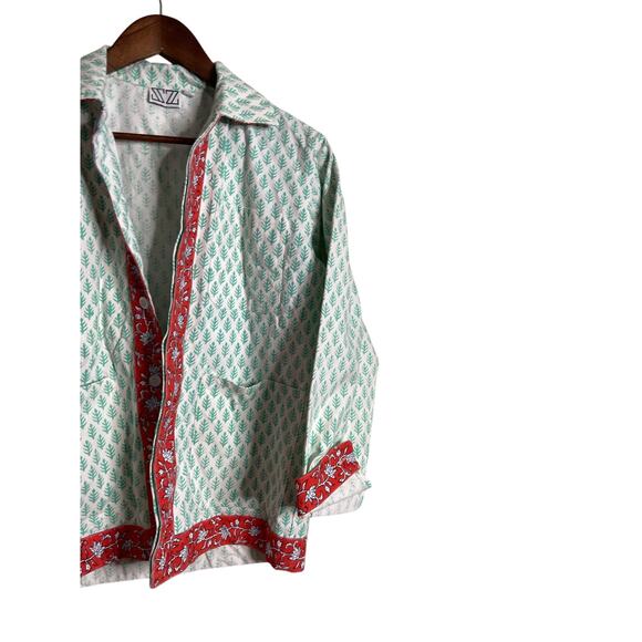 SZ Blockprints Cotton Jacket Green Leaf Red Floral Trim Hand Block Womans OS - Picture 5 of 11